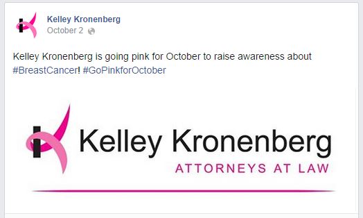 A Facebook post by Kelley Kronenberg announcing their participation in raising breast cancer awareness with a pink ribbon logo and hashtags #BreastCancer and #GoPinkforOctober.