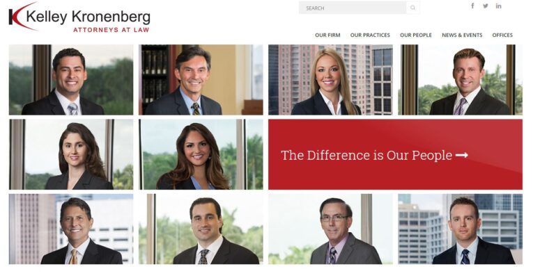 A website webpage for Kelley Kronenberg law firm, created by award-winning PaperStreet, displays headshots of various attorneys, with a tagline "The Difference is Our People" on a red banner in the center. The site recently won first place for web design at the Legal Marketing Association Southeast Regional Conference.