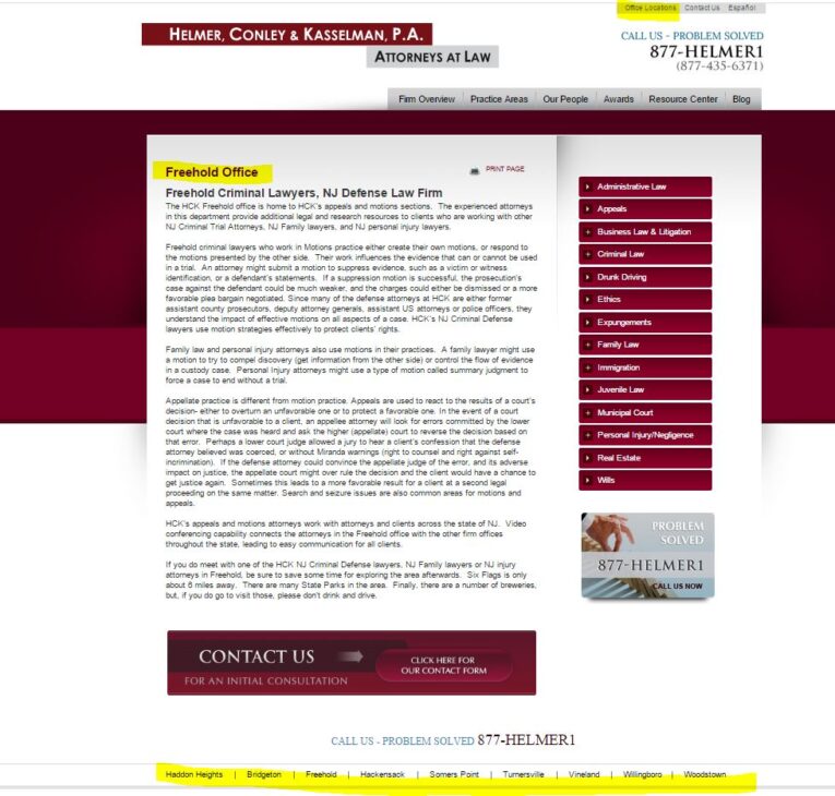 Website screenshot of Helmer, Conley & Kasselman, P.A., a law firm. It includes a detailed description of their legal services, practice areas listed on the right, and contact information at the bottom. Use these law firm city pages as a template for your own.