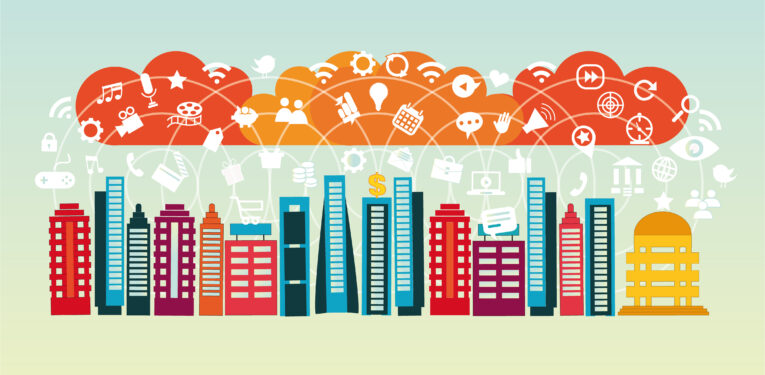 Illustration of a city skyline with various colorful buildings and orange clouds above, depicting digital icons connected by lines, representing technology and communication networks, highlighting why your business should use social media.