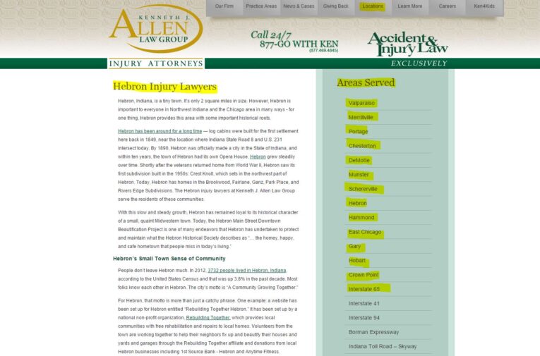 Screenshot of the Kenneth J. Allen Law Group website displaying information about Hebron Injury Lawyers. The page includes contact details, a brief about Hebron, and a list of areas served. Use These Law Firm City Pages as a Template for Your Own to ensure consistency and professionalism.