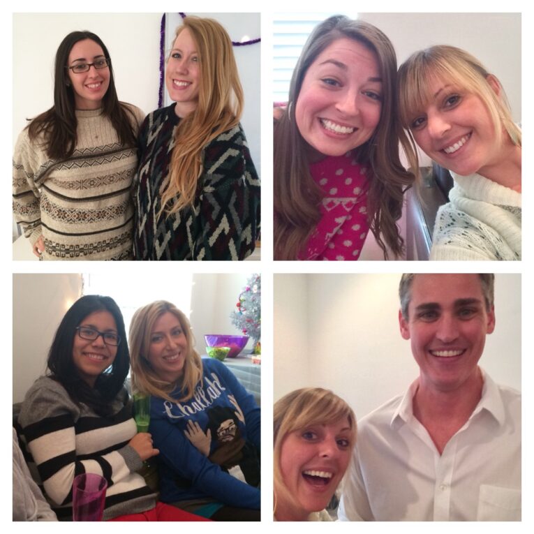 A collage of four photos from the PaperStreet Holiday Party 2014 showcases different pairs and a trio of smiling adults in ugly sweaters, capturing casual, friendly moments while exchanging gifts.