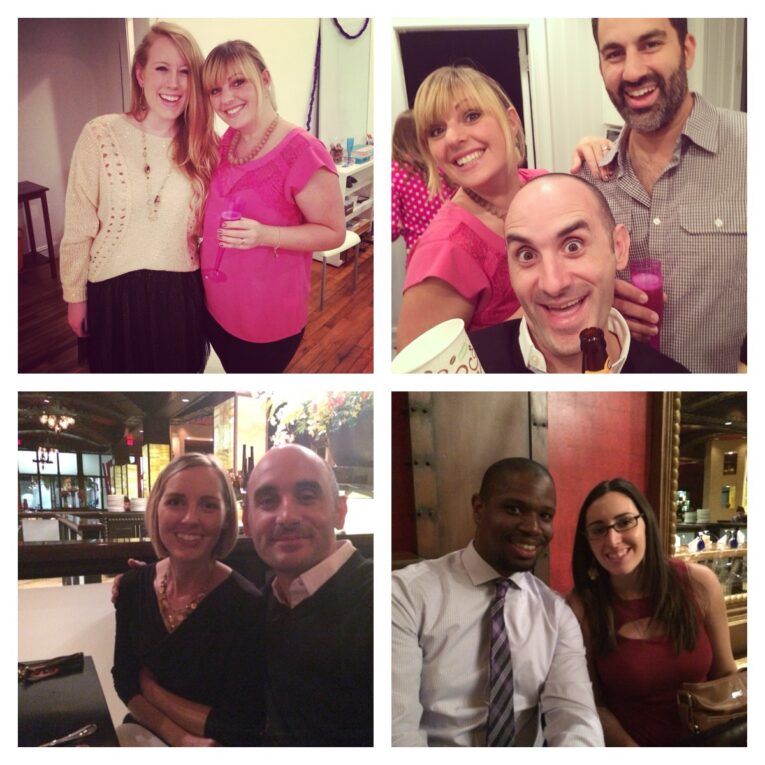 A collage of four photos from the PaperStreet Holiday Party 2014 features smiling people in various settings, including a relaxed indoor space, a restaurant, and what appears to be social gatherings. Everyone is decked out in ugly sweaters and exchanging gifts amidst the festive atmosphere.
