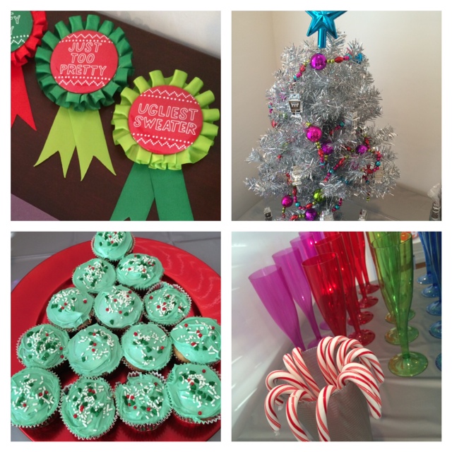A collage from the PaperStreet Holiday Party 2014 features two award ribbons for ugly sweaters, a decorated silver Christmas tree, green cupcakes on a red plate, colorful glasses, and a bundle of candy canes.