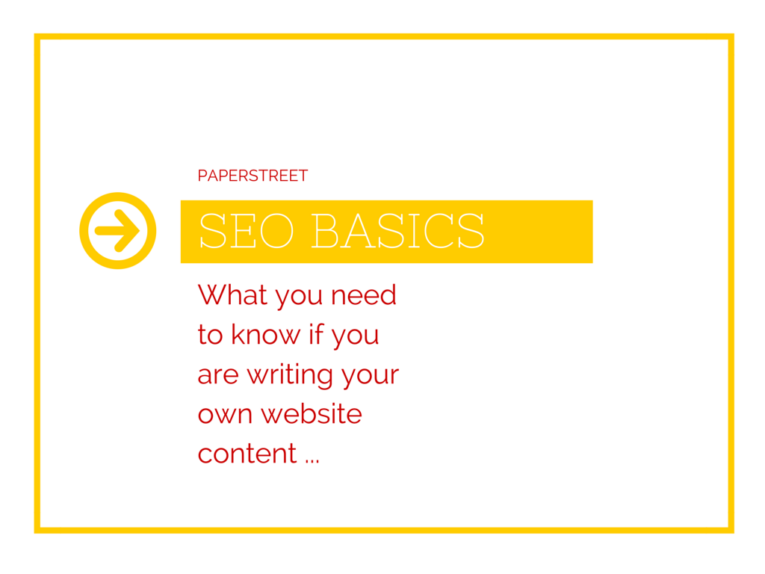 Yellow-bordered text box with an arrow icon and the title "SEO Basics" in yellow. Subheading reads, "Get Free SEO Data with These Awesome Search Tools: What you need to know if you are writing your own website content..." in red text.