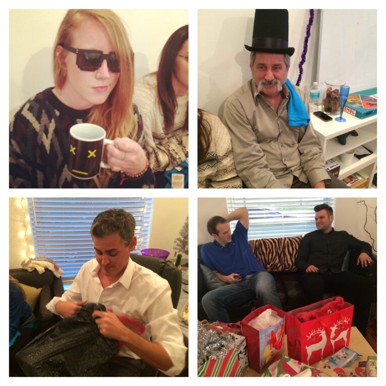 Four images in a collage: a woman in sunglasses drinking from a mug, a man wearing a top hat and blue scarf, a man unpacking a gift bag, and two men sitting near opened presents at the PaperStreet Holiday Party 2014.