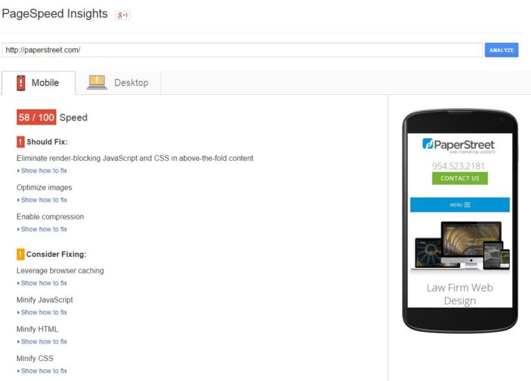 A Google PageSpeed Insights result showing a page score of 58/100 with recommendations to eliminate render-blocking JavaScript and CSS. A mobile device screen displays a website called "PaperStreet.