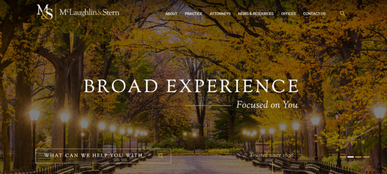 A pathway flanked by autumn trees and lit lampposts with the text "Broad Experience, Focused on You" and "What can we help you with" on the revamped 2024 Update: The Different Types of Home Page Content for McLaughlin & Stern law firm.