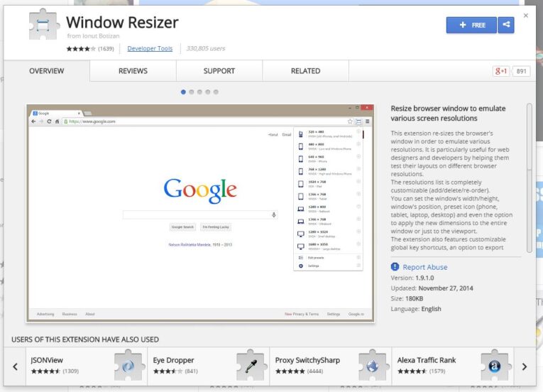 Screenshot of the Chrome Web Store page for the "Window Resizer" extension, an awesome Chrome app that shows its overview, features for testing responsive designs, support, related sections, and user ratings.