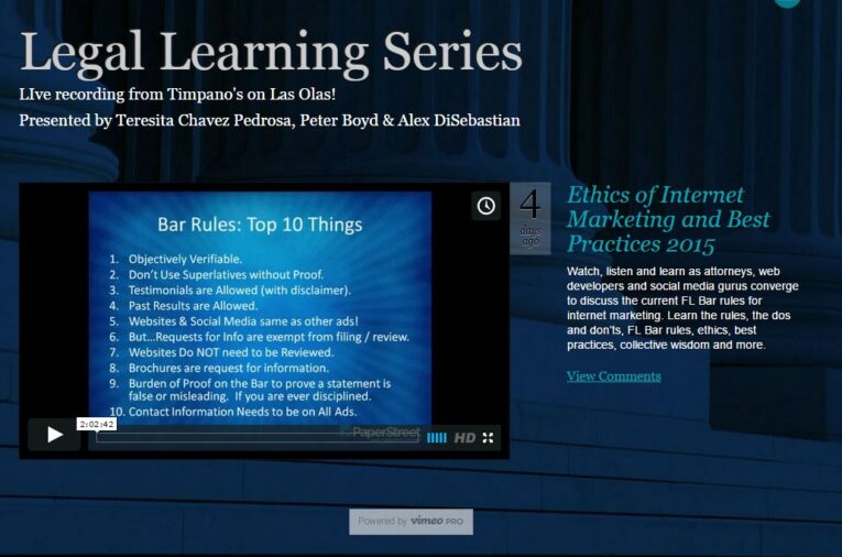 Screenshot of a Legal Learning Series session titled "Ethics of Internet Marketing and Best Practices 2015," with a video player showing "Bar Rules: Top 10 Things" in bullet points.