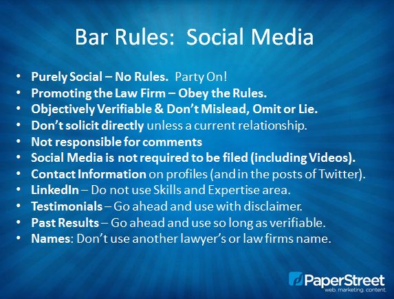 A blue slide with white text outlines Social Media Best Practices for Law Firms, including social use, law firm promotion, verifiable facts, non-solicitation, contact information, disclaimers, and name use.