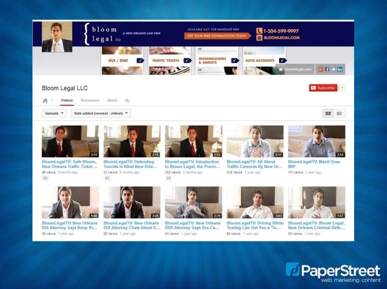 Screenshot of the Bloom Legal LLC YouTube channel, displaying various video thumbnails, each featuring an individual speaking on different legal topics, including a presentation on social media best practices for law firms.