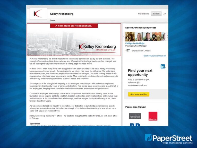 Screenshot of a webpage showcasing Kelley Kronenberg Attorney at Law's LinkedIn profile, describing the firm's values, practice areas, and locations. The page is branded with the firm’s logo and has follow links. This aligns with social media best practices for law firms in their online presentation.