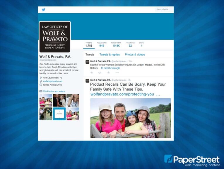 Screenshot of the Twitter profile for Wolf & Pravato, P.A., a law firm specializing in personal injury cases. The page shows their logo, Twitter handle, number of tweets, followers, following, and a tweet about product recalls. Ideal for a presentation: Social Media Best Practices for Law Firms.