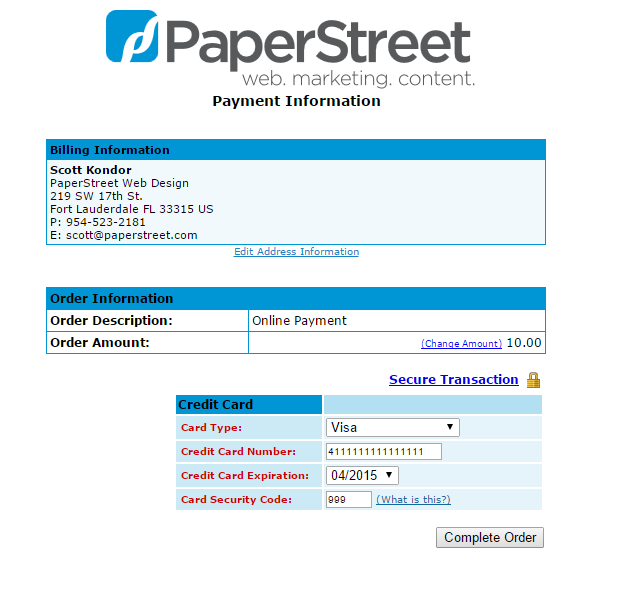 Screenshot of an online payment page displaying billing information, order details, and credit card fields for a purchase from "PaperStreet Web Design." The total amount to be paid is $10.00.