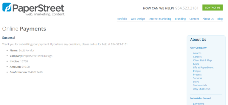 A completion screen from PaperStreet's online payment portal confirming payment details for Scott Kondor: $10.00 to PaperStreet Web Design with invoice number 15768 and confirmation 2469022490.