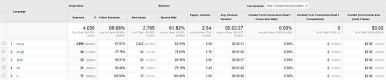 Google Analytics Language Data