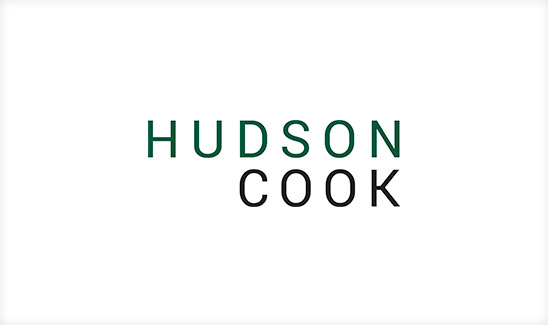Hudson Cook's logo, often regarded as the best law firm logo design, features "HUDSON" in green text above "COOK" in black text on a pristine white background.