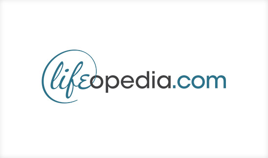Logo for lifeopedia.com with "life" in a cursive blue font and "opedia.com" in a gray and blue sans-serif font, reminiscent of the best law firm logo design aesthetics.