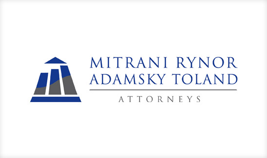 Logo of Mitrani Rynor Adamsky Toland, Attorneys, featuring a blue and gray geometric design resembling a building, with the firm's name and "ATTORNEYS" written in blue and gray text. This best law firm logo design exemplifies sophistication and professionalism.