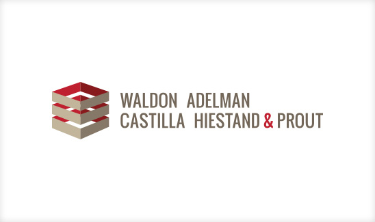 The best law firm logo design includes stacked, red, and beige 3D cubes beside the text "Waldon Adelman Castilla Hiestand & Prout" in capital letters.