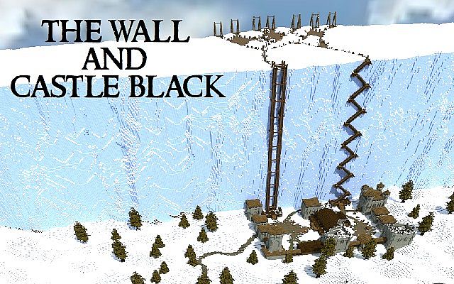 A large ice wall with structures known as Castle Black at its base and an elevator system on the right stands tall. Text reads "The Wall and Castle Black." Trees and buildings are visible in the snow, reminding one of how to build a rock climbing wall for kids in the garage.