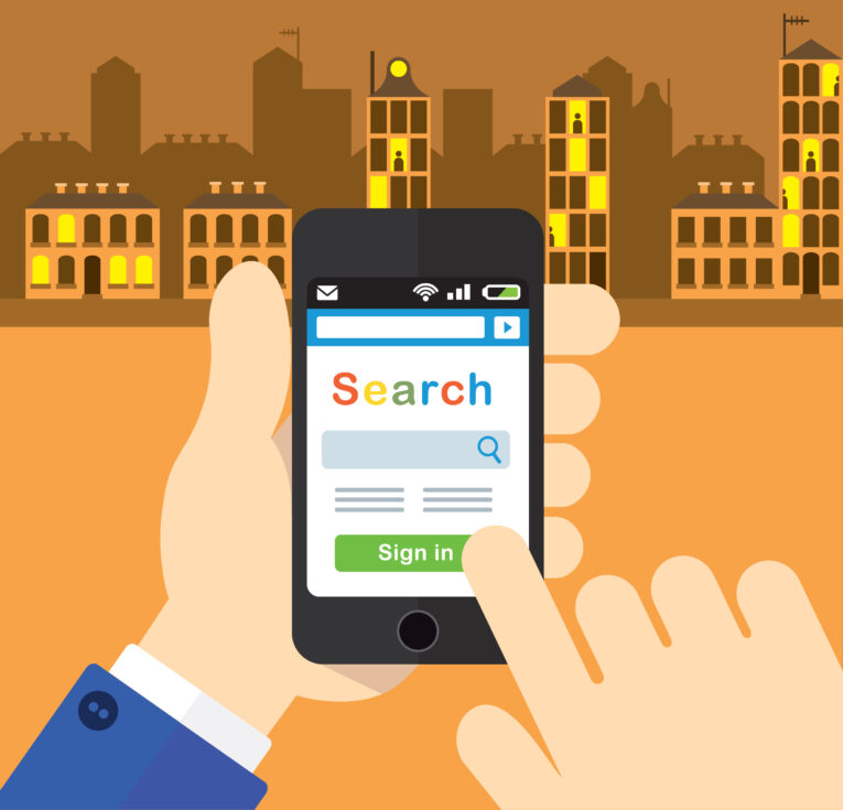 Illustration of a person using a smartphone with a search engine interface on the screen, set against a night-time cityscape background with lit windows, reflecting the buzz around recent headlines in social media and search from July 2015.