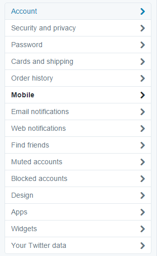 Screenshot of a settings menu with options such as Account, Security and privacy, Password, Mobile, Email notifications, Muted accounts, Blocked accounts, Design, Apps, Widgets, and Your Twitter data.