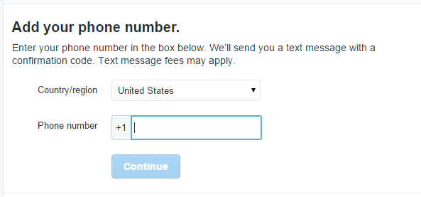 The image shows an online form prompting the user to add a phone number. It includes fields for selecting the country/region and entering the phone number, with a blue "Continue" button at the bottom.