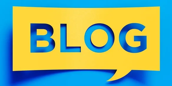 Yellow speech bubble with the word "BLOG" in blue letters on a blue background.