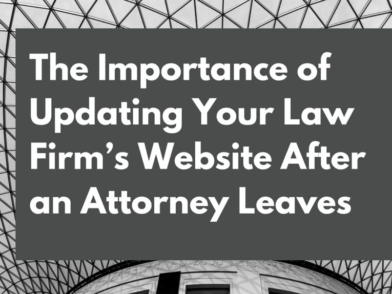 Text in the image reads: "The Importance of Updating Your Law Firm’s Website After an Attorney Leaves." The background features a geometric glass ceiling structure, emphasizing transparency and clarity in managing your online presence.