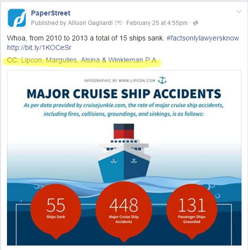 A Facebook post by PaperStreet, highlighting 15 ships sank from 2010 to 2013 with data on ship accidents. The post includes a link and mentions Lipcon, Margulies, Alsina & Winkleman, P.A.