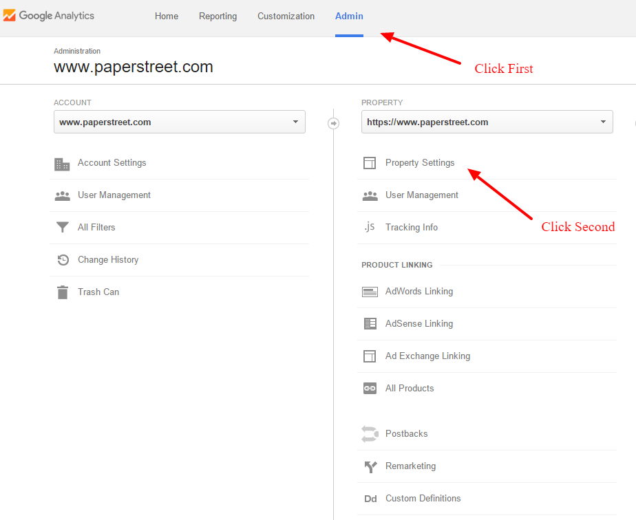 Screenshot of Google Analytics Administration page showing steps to access Property Settings. The red arrows indicate navigating from 'Admin' to 'Property Settings' under 'PROPERTY'.