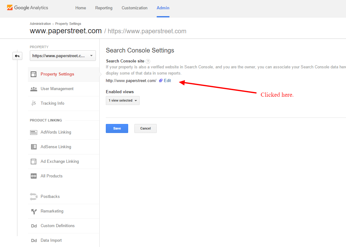 Google Analytics Search Console settings page with a red arrow pointing to the "Edit" link next to a property URL. Various options are listed in the left sidebar under 'Property Settings.'.