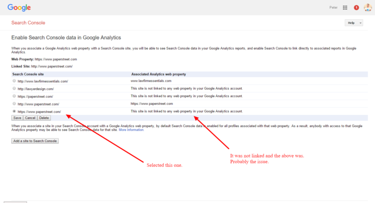 Screenshot of Google Search Console integration in Google Analytics. The interface shows linked properties, associated Analytics properties, and an unresolved issue with a selected property.