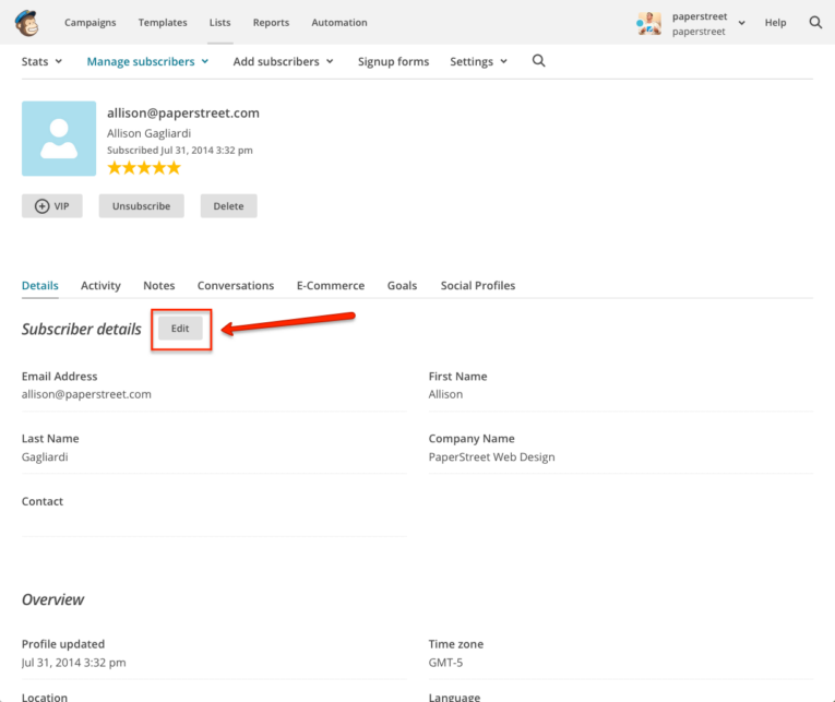 Screenshot of a subscriber details page showing contact information, including email address, name, and company. An arrow points to an "Edit" button under the section labeled 'Subscriber details.' Learn how to search and add subscribers in MailChimp (we swear it’s easy!).