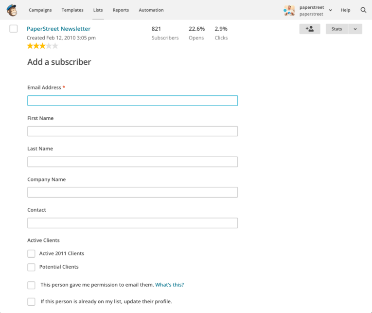 A webpage form titled "Add a subscriber" with fields for email address, first name, last name, company name, and contact. Checkbox options for client types and email permission are included. Learn How To Search and Add Subscribers in MailChimp (We Swear It’s Easy!) through this intuitive form.