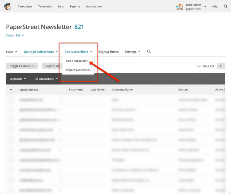 A screenshot of a newsletter dashboard showing the "Add subscribers" dropdown menu with options to "Add a subscriber" and "Import subscribers." How To Search and Add Subscribers in MailChimp (We Swear It’s Easy!)