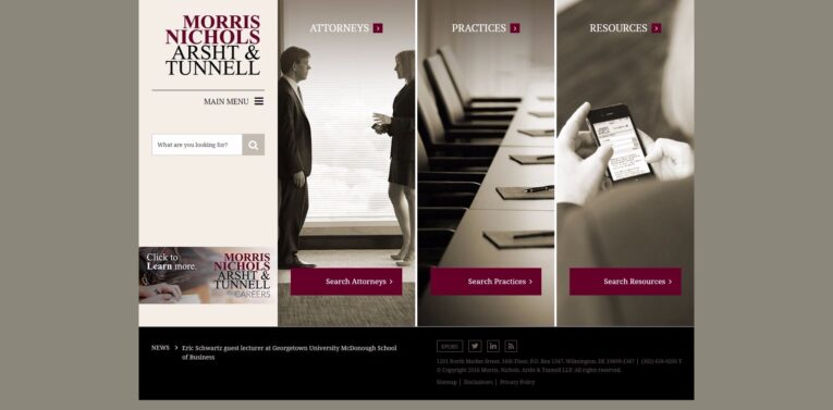 Landing page of the Morris Nichols Arsht & Tunnell LLP website, notable for its award-winning design by PaperStreet Web Design, featuring sections for Attorneys, Practices, and Resources. Two people in the background and a close-up of a hand using a smartphone.
