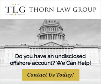Advertisement for Thorn Law Group offering help with undisclosed offshore accounts. Includes contact prompt and features an image of the U.S. Capitol in the background.