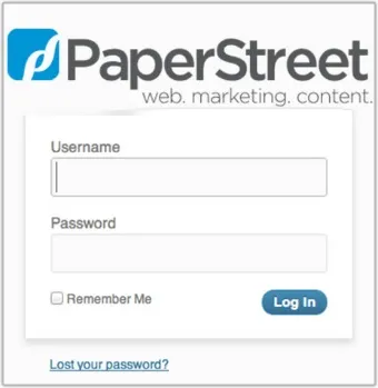 PaperStreet login page featuring fields for Username and Password, a "Remember Me" checkbox, a "Log In" button, and a "Lost your password?" link. Check out the guide on How to Brand Your WordPress Login Page for customization tips.