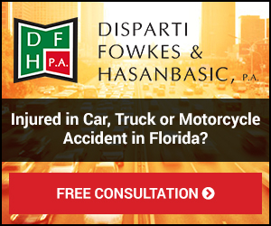 Banner ad for Disparti, Fowkes & Hasanbasic, P.A. with a message: "Injured in Car, Truck or Motorcycle Accident in Florida?" and a red button labeled "FREE CONSULTATION.