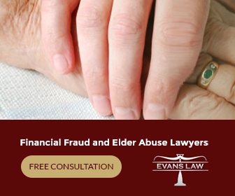 Two hands gently holding each other with text "Financial Fraud and Elder Abuse Lawyers" and a "Free Consultation" button. Logo at the bottom reads "Evans Law.