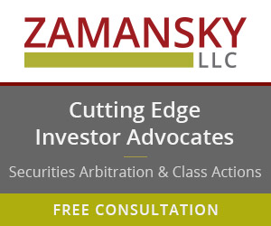 Advertisement banner for Zamansky LLC stating "Cutting Edge Investor Advocates". It also mentions "Securities Arbitration & Class Actions" and offers a "Free Consultation".