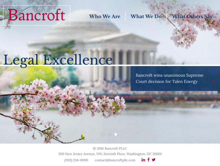 The homepage of Bancroft PLC features the Jefferson Memorial adorned with cherry blossoms. The text highlights a Supreme Court decision for Talen Energy, illustrating one of two real ways law firm websites stand out. Contact info is provided at the bottom.