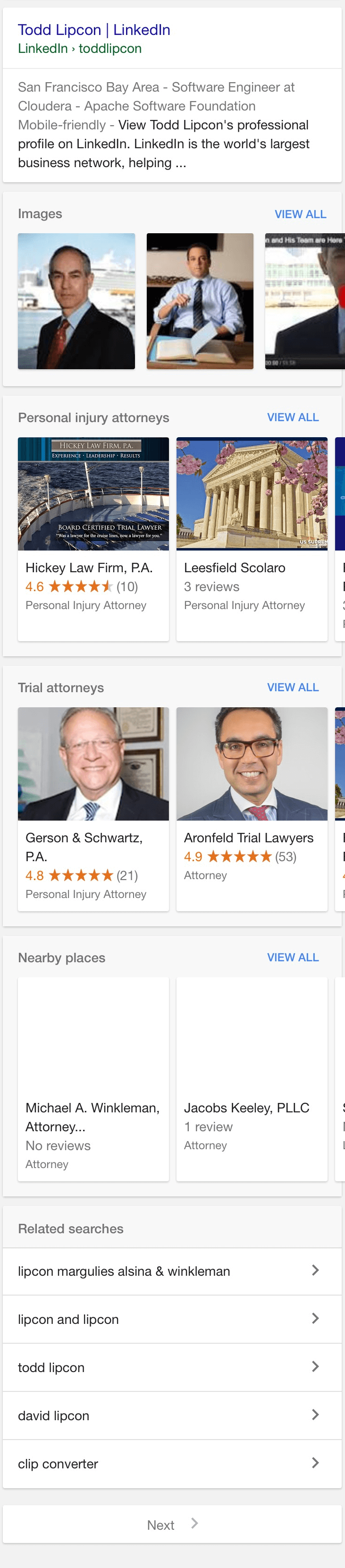 A screenshot of a LinkedIn profile search result for "Todd Lipcon" showing images, personal injury attorneys, and nearby places, similar to the Google Related Content Carousel on Mobile Searches for Law Firms.