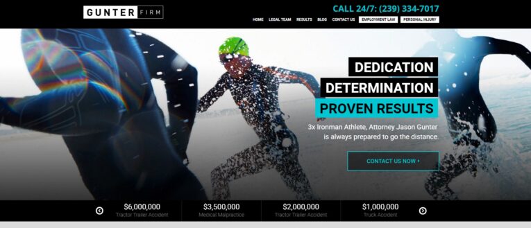         Three triathletes swimming in open water, with text highlighting "DEDICATION DETERMINATION PROVEN RESULTS," emphasizing $6,000,000 Tractor Trailer Accident, $3,500,000 Medical Malpractice, $2,000,000 Bicycle Accident awards. SEO Marketing Case Studies by PaperStreet showcase our proven strategies.
