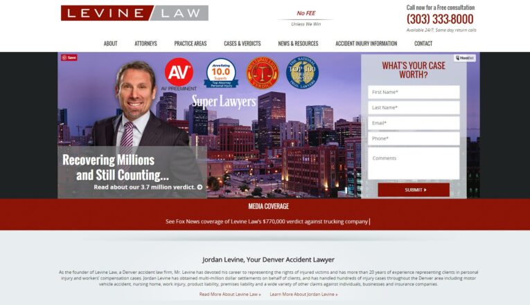 Screenshot of Levine Law website showing a lawyer in front of a cityscape and badges for AV Preeminent, Super Lawyers, and Best Lawyers. The header includes contact information and highlights over $37.7 million recovered. Explore SEO Marketing Case Studies by PaperStreet for more success stories.