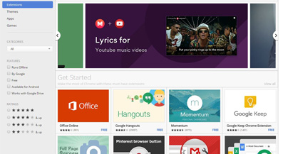 Screenshot of a web browser showing a page featuring various extensions like Office Online, Google Hangouts, Momentum, and Google Keep—5 tools the development team couldn’t live without. Filters and categories are available on the left sidebar.