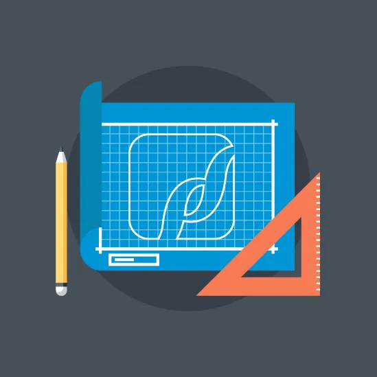 An illustration of a blue blueprint with design lines, showcasing what to look for in a well-designed logo, featuring a pencil on the left and an orange triangular ruler on the right.